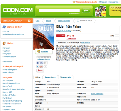 Skärmdump från cdon.com på boken Bilder från Falun